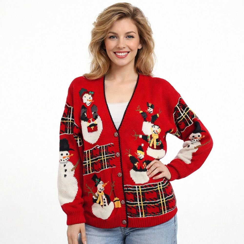 VTG 80s Snowman Cardigan Sweater Womens Sz S Design Options Philip & Jane Gordon